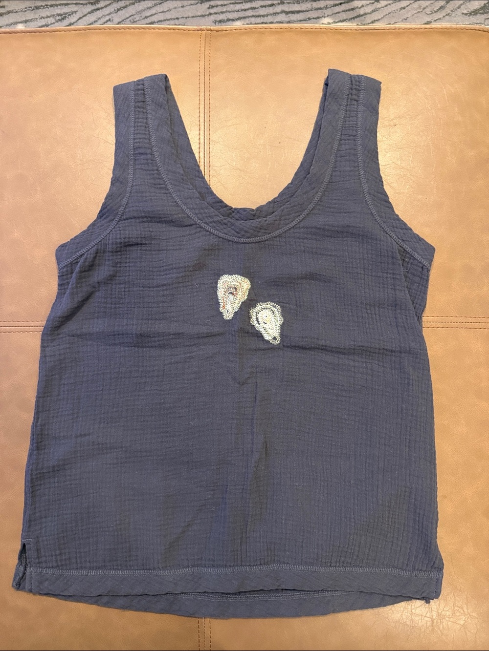 Grey Sleeveless 100% Organic Cotton Tank with Small Hand Embroidered Oysters